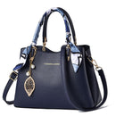 Dark Blue Large Capacity Lychee PU Leather Tote Handbag - Elegant Women's Satchel Crossbody Bag with Blue Silk Scarf & Mental Leaf Pendant Decor-1