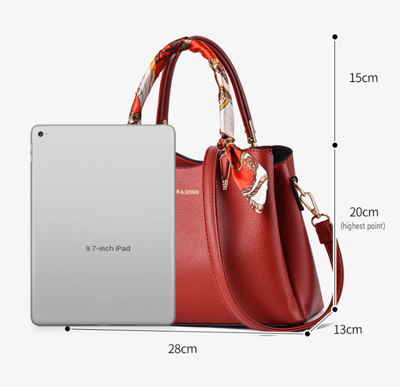 Dark Blue Large Capacity Lychee PU Leather Tote Handbag - Elegant Women's Satchel Crossbody Bag with Blue Silk Scarf & Mental Leaf Pendant Decor