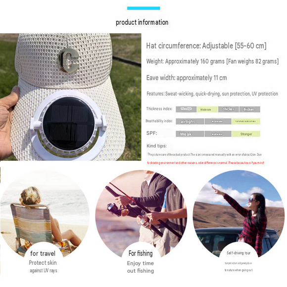 Beige Solar Powered Fan Hat - Breathable Mesh Cap with USB Rechargeable Cooling Fan, LED Display, Adjustable Brim for Outdoor Fishing Camping Hiking Summer Heat Relief