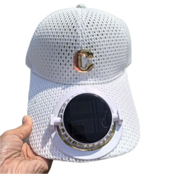 White Solar Powered Fan Hat - Breathable Mesh Cap with USB Rechargeable Cooling Fan, LED Display, Adjustable Brim for Outdoor Fishing Camping Hiking Summer Heat Relief