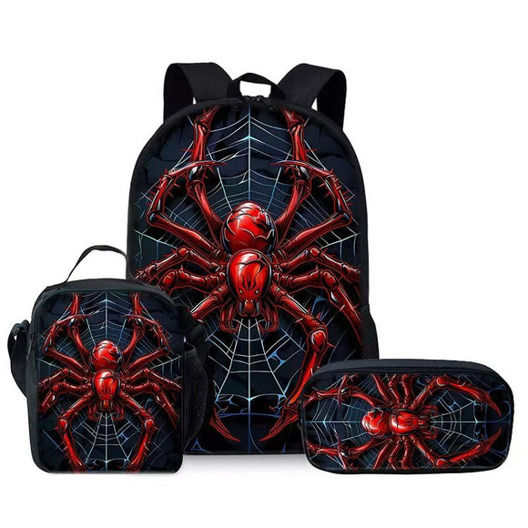 Style 1 3 Piece Spider Print School Bag Set - Large Capacity Polyester Backpack, Insulated Lunch Bag and Pencil Case - Lightweight Student Bookbag with Side Pocket for Boys Teens