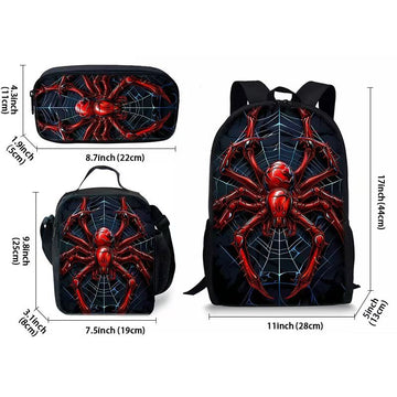 Style 1 3 Piece Spider Print School Bag Set - Large Capacity Polyester Backpack, Insulated Lunch Bag and Pencil Case - Lightweight Student Bookbag with Side Pocket for Boys Teens - 0
