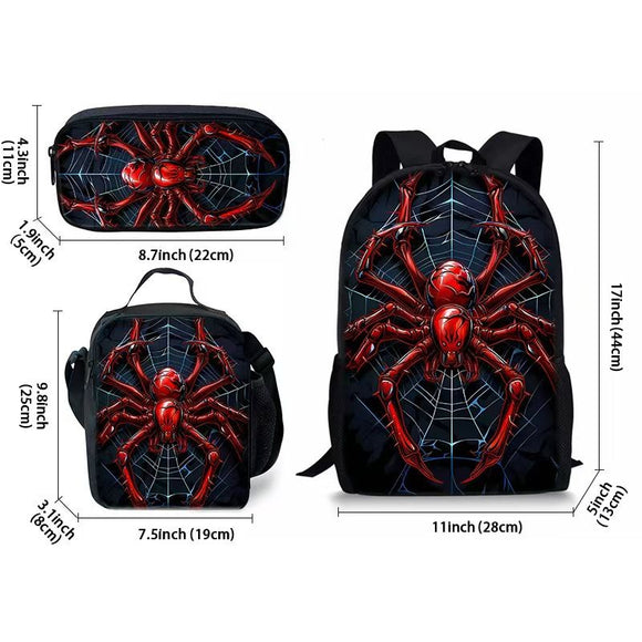 Style 1 3 Piece Spider Print School Bag Set - Large Capacity Polyester Backpack, Insulated Lunch Bag and Pencil Case - Lightweight Student Bookbag with Side Pocket for Boys Teens