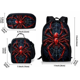 Style 2 3 Piece Spider Print School Bag Set - Large Capacity Polyester Backpack, Insulated Lunch Bag and Pencil Case - Lightweight Student Bookbag with Side Pocket for Boys Teens - 0
