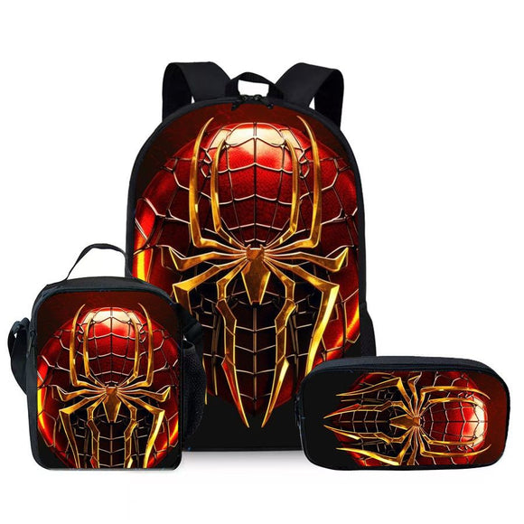 Style 7 3 Piece Spider Print School Bag Set - Large Capacity Polyester Backpack, Insulated Lunch Bag and Pencil Case - Lightweight Student Bookbag with Side Pocket for Boys Teens