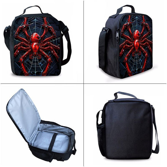 Style 7 3 Piece Spider Print School Bag Set - Large Capacity Polyester Backpack, Insulated Lunch Bag and Pencil Case - Lightweight Student Bookbag with Side Pocket for Boys Teens