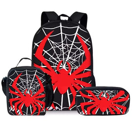 Style 12 3 Piece Spider Print School Bag Set - Large Capacity Polyester Backpack, Insulated Lunch Bag and Pencil Case - Lightweight Student Bookbag with Side Pocket for Boys Teens