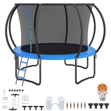 10FT Trampoline, 330 lbs Trampoline with Enclosure Net, Ladder, and Curved Pole, Heavy Duty Trampoline with Jumping Mat and Spring Cover Padding, Outdoor Recreational Trampolines for Kids Adults