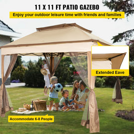 Outdoor Canopy Gazebo Tent, Portable Canopy Shelter with 11\'x11\' Large Shade Space for Party, Backyard, Patio Lawn and Garden, 4 Sandbags, Carrying Bag and Netting Included, Brown - 0