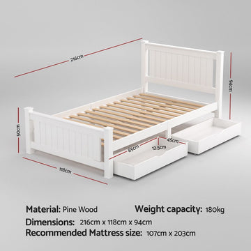 Artiss Bed Frame King Single Size Wooden Platform with 2 Storage Drawers White RIO - 0
