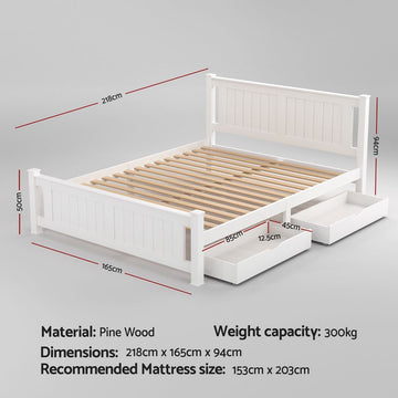 Artiss Bed Frame Queen Size Wooden Platform with 2 Storage Drawers White RIO - 0