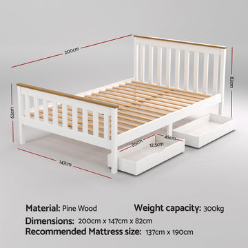 Artiss Bed Frame Double Size Wooden Platform with 2 Storage Drawers White PONY - 0