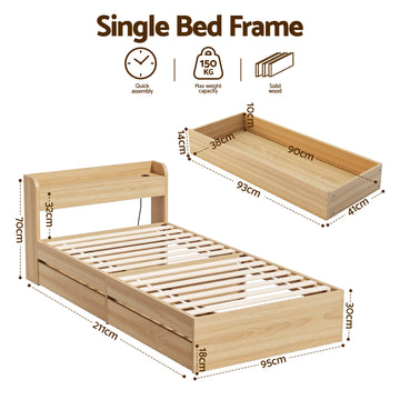 Artiss Single Bed Frame with 2 Storage Drawers Platform Bed Base with USB Ports Sturdy Wooden Slat Support Natural - 0