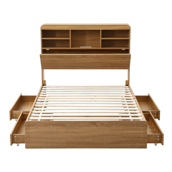 Artiss King Single Bed Frame with Storage, 4 Drawers, USB and Night Light Natural