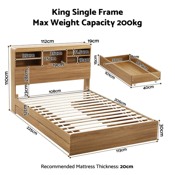 Artiss King Single Bed Frame with Storage, 4 Drawers, USB and Night Light Natural