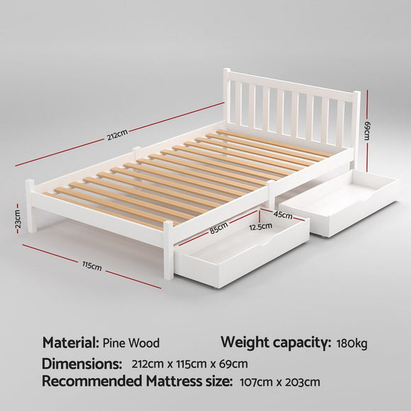 Artiss Bed Frame King Single Size Wooden Platform with 2 Storage Drawers White