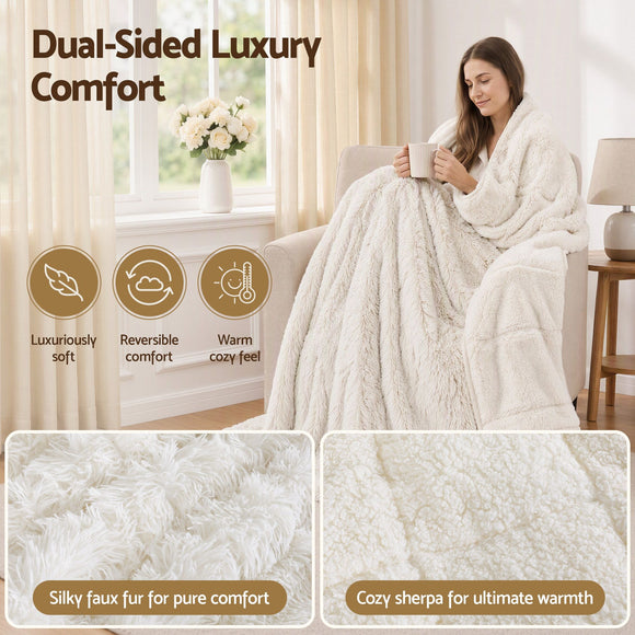 Giselle Faux Fur Weighted Blanket 2 Sided Long Pile Sherpa Reverse Cream 11KG 152 x 203cm