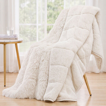Giselle Faux Fur Weighted Blanket 2 Sided Long Pile Sherpa Reverse Cream 9KG 152 x 203cm