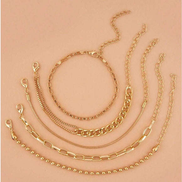 A golden five - piece set Chic Multi - Layered Alloy Bracelet Set - Fashionable Stackable Jewelry - RnR Galore