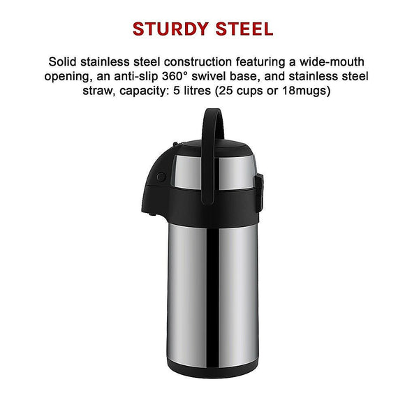 Air Pot for Tea Coffee 5L Pump Action Insulated Airpot Flask Drink Dispenser - RnR Galore