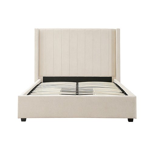 Alexa Queen Size High Rise Headboard Linen Beige Fabric Four MDF Drawers with Wheels Bed Frame - RnR Galore