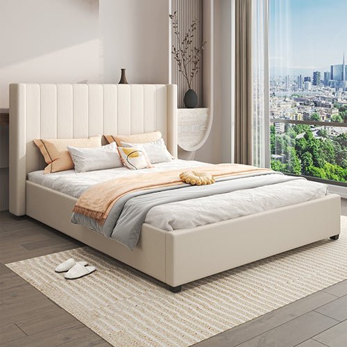 Alexa Queen Size High Rise Headboard Linen Beige Fabric Four MDF Drawers with Wheels Bed Frame - RnR Galore