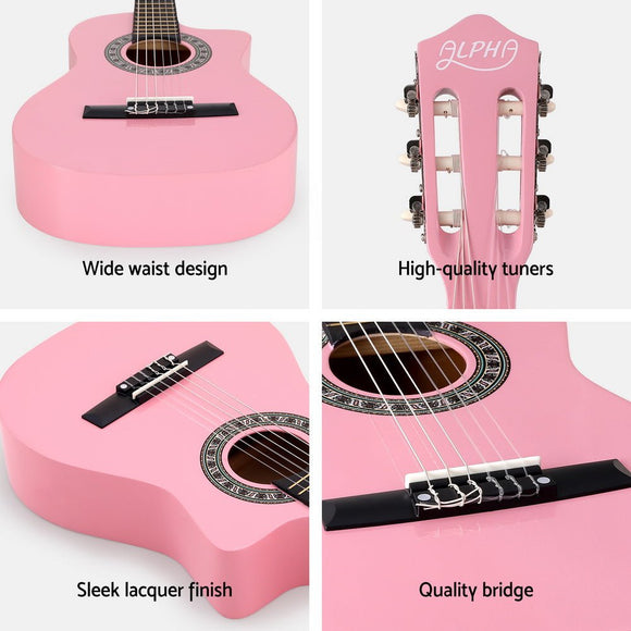 Alpha 34 Inch Classical Guitar Wooden Body Nylon String Beginner Kids Gift Pink - RnR Galore