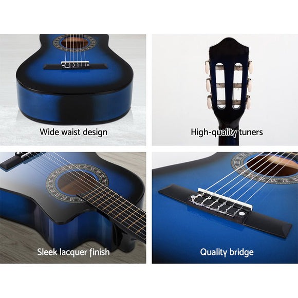Alpha 34 Inch Classical Guitar Wooden Body Nylon String w/ Stand Beignner Blue - RnR Galore