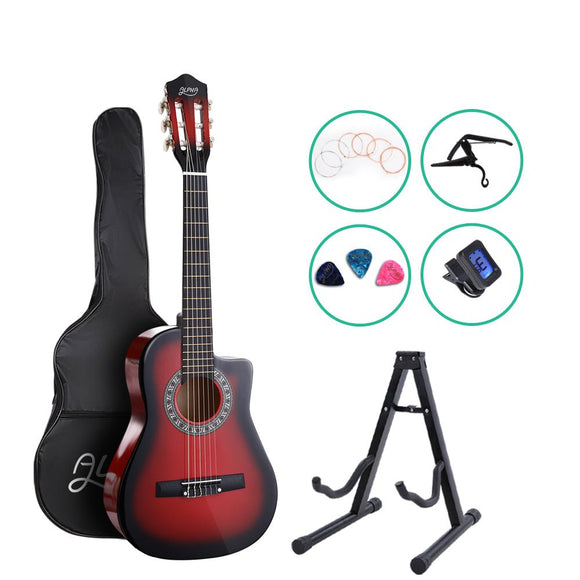 Alpha 34 Inch Classical Guitar Wooden Body Nylon String w/ Stand Beignner Red - RnR Galore