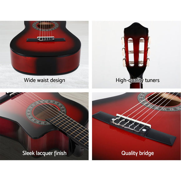 Alpha 34 Inch Classical Guitar Wooden Body Nylon String w/ Stand Beignner Red - RnR Galore