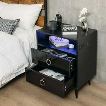 Amelia Modern LED Bedside table with USB and power socket black x 2 - RnR Galore