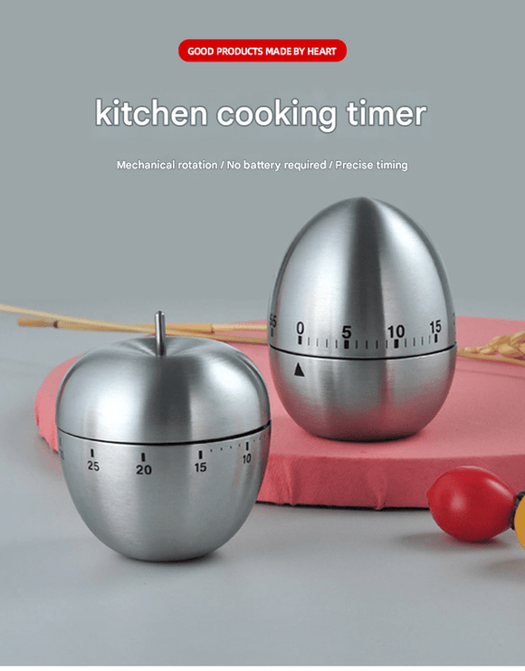Apple Shape Stainless Steel Kitchen Timer Mechanical Cooking Timer - Wind - Up 60 Minute Countdown Timer - Loud Ring 72dB Baking Tool with Non - Slip Base - Battery - Free Analog Timer for Home Office - RnR Galore