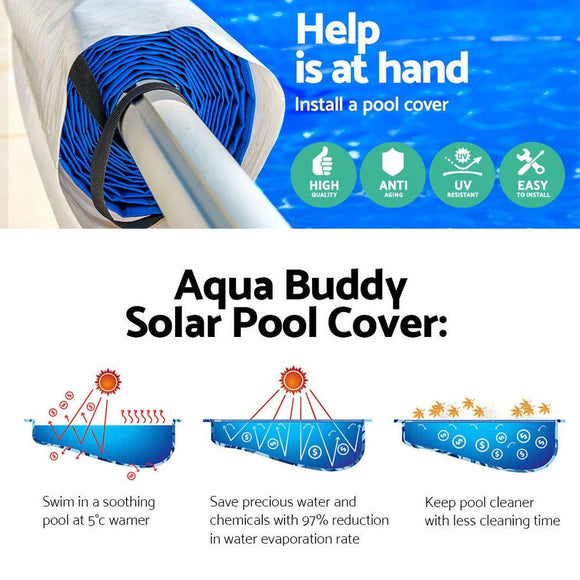 Aquabuddy Pool Cover 500 Micron 6.5x3m Silver Swimming Pool Solar Blanket 5.5m Blue Roller - RnR Galore