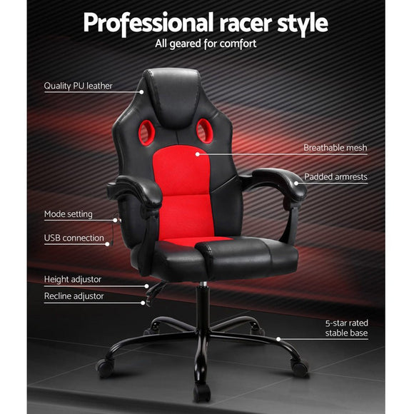 Artiss 2 Point Massage Gaming Office Chair PU Leather Red - RnR Galore