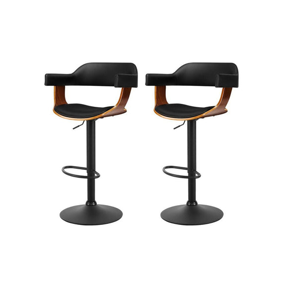 Artiss 2x Bar Stools Gas Lift Leather w/Armrest All Black - RnR Galore