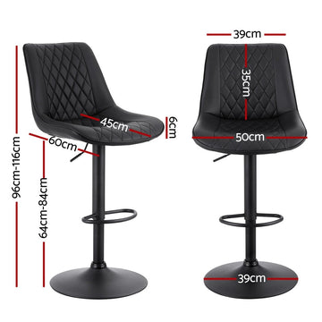 Artiss 2x Bar Stools Kitchen Swivel Gas Lift Counter Chair Diamond Leather Black - RnR Galore
