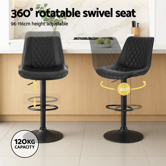 Artiss 2x Bar Stools Kitchen Swivel Gas Lift Counter Chair Diamond Leather Black - RnR Galore