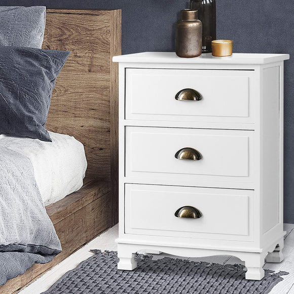 Artiss 2x Bedside Table 3 Drawers Vintage - THYME White - RnR Galore