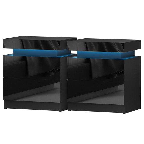 Artiss 2X Bedside Table LED 2 Drawers Lift - up Storage - COLEY Black - RnR Galore