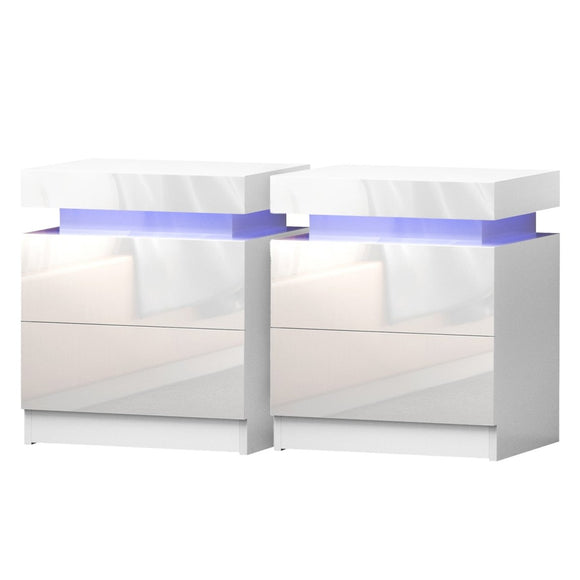 Artiss 2X Bedside Table LED 2 Drawers Lift - up Storage - COLEY White - RnR Galore