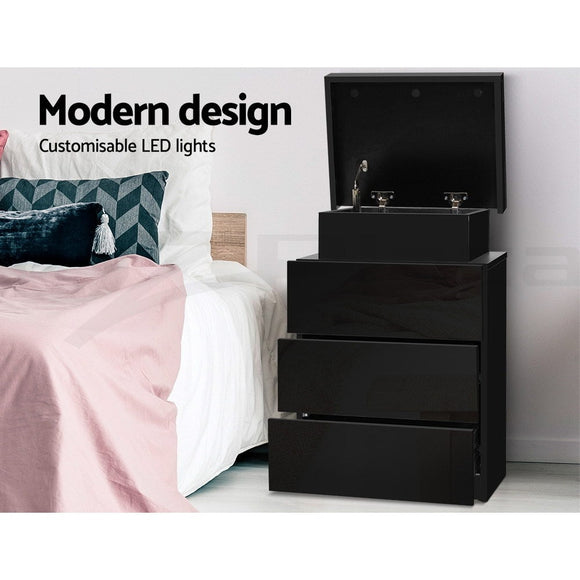 Artiss 2X Bedside Table LED 3 Drawers - COLEY Black - RnR Galore