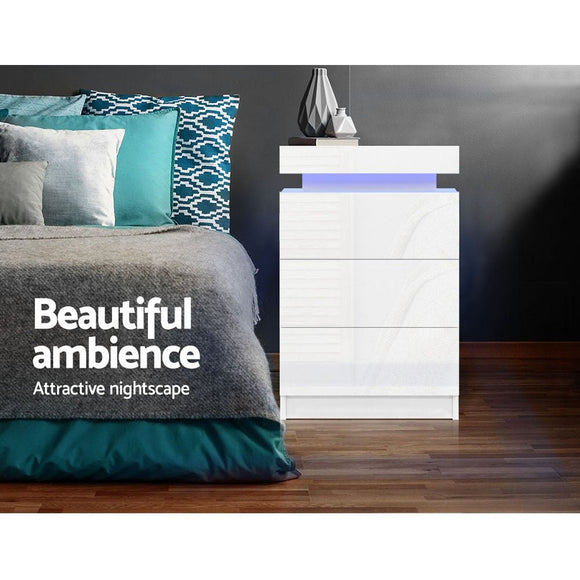 Artiss 2X Bedside Table LED 3 Drawers - COLEY White - RnR Galore