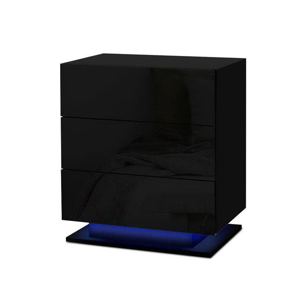 Artiss 2x Bedside Table LED 3 Drawers - MORI Black - RnR Galore