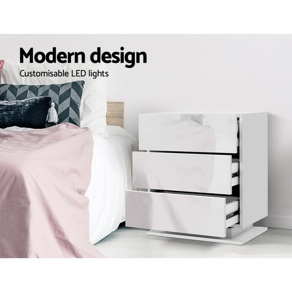 Artiss 2x Bedside Table LED 3 Drawers - MORI White - RnR Galore
