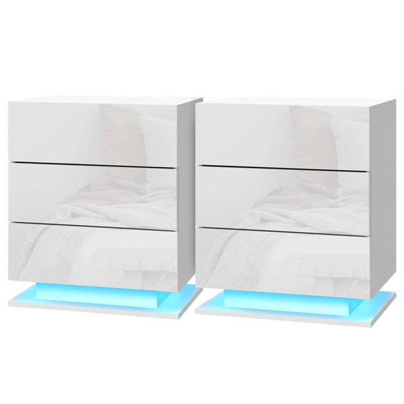 Artiss 2x Bedside Table LED 3 Drawers - MORI White - RnR Galore