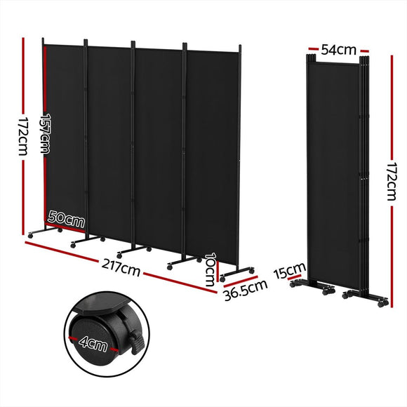 Artiss 4 Panel Room Divider Screen 217cm Wheel Fabric Black - RnR Galore