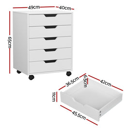 Artiss 5 - Drawer Filing Cabinet Mobile Rolling Storage Cabinet Chest of Drawers Stand White - RnR Galore