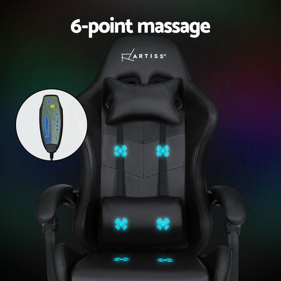 Artiss 6 Point Massage Gaming Office Chair 7 LED Footrest Black - RnR Galore