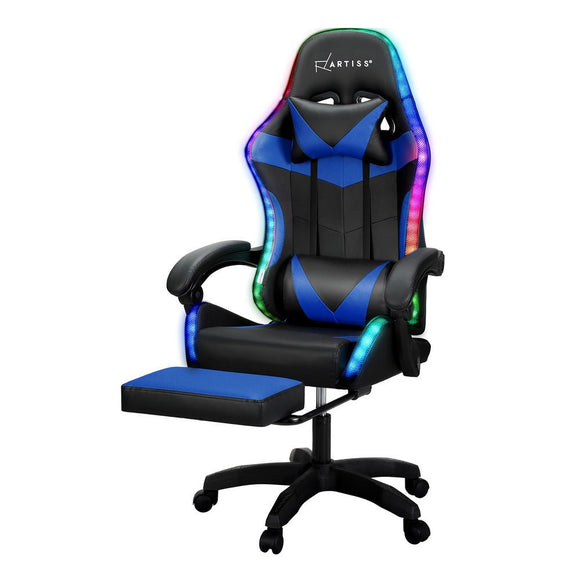 Artiss 6 Point Massage Gaming Office Chair 7 LED Footrest Blue - RnR Galore