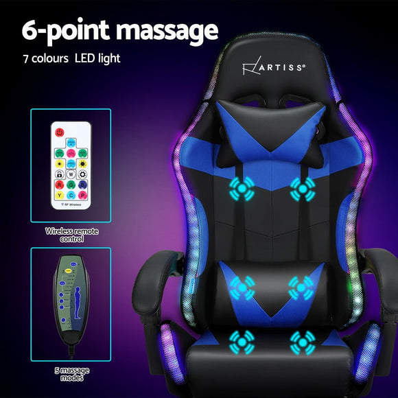 Artiss 6 Point Massage Gaming Office Chair 7 LED Footrest Blue - RnR Galore